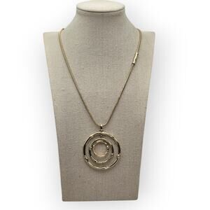 Chico’s Gold Tone Bamboo Circle Pendant Long Necklace – Modern Statement Jewelry